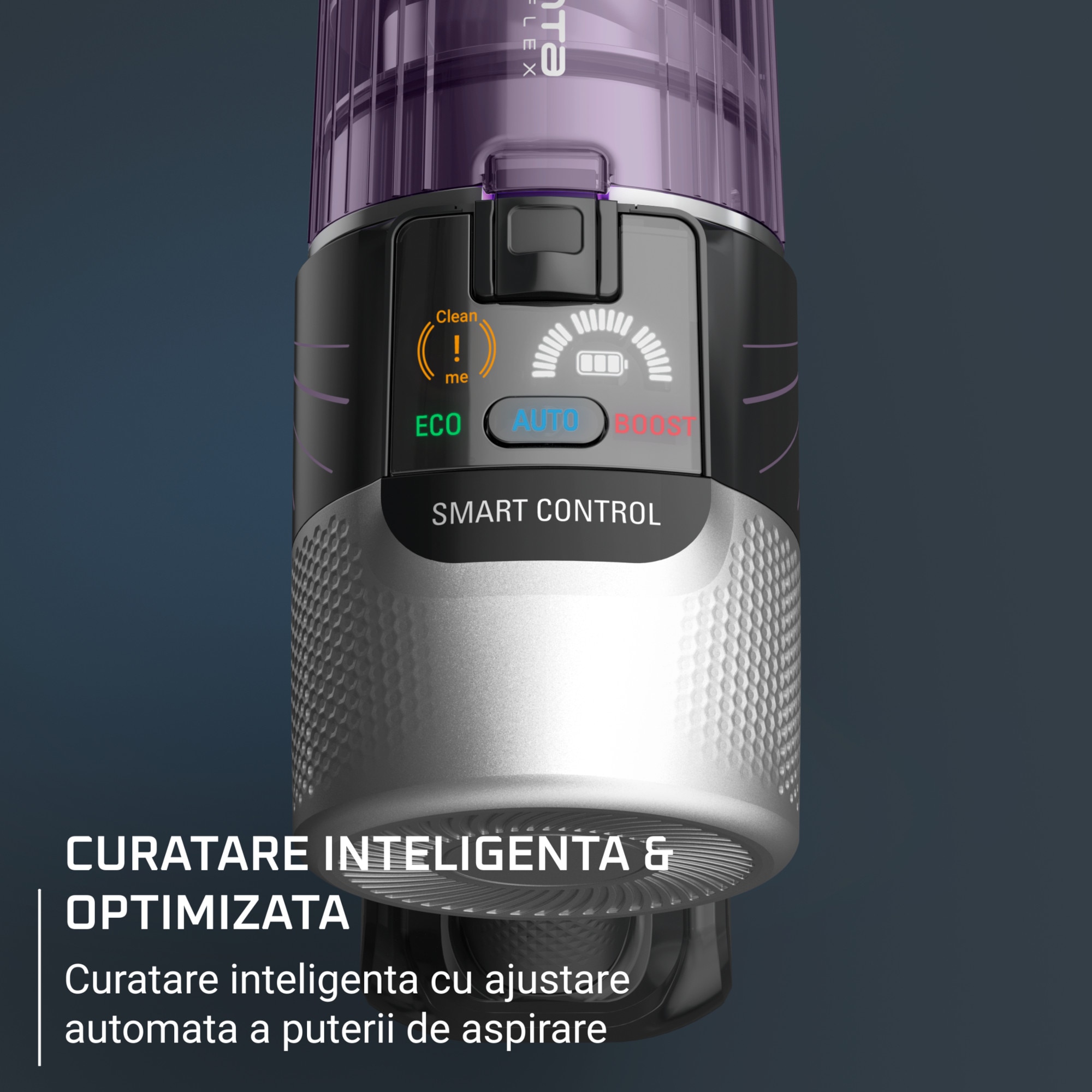 Aspirator vertical Rowenta X-Force Flex 9.60 Allergy RH2048WO, 250W, 100 air watts, 45 minute autonomie, iluminare LED, functie Boost, 3 trepte de putere, statie de incarcare, negru & violet