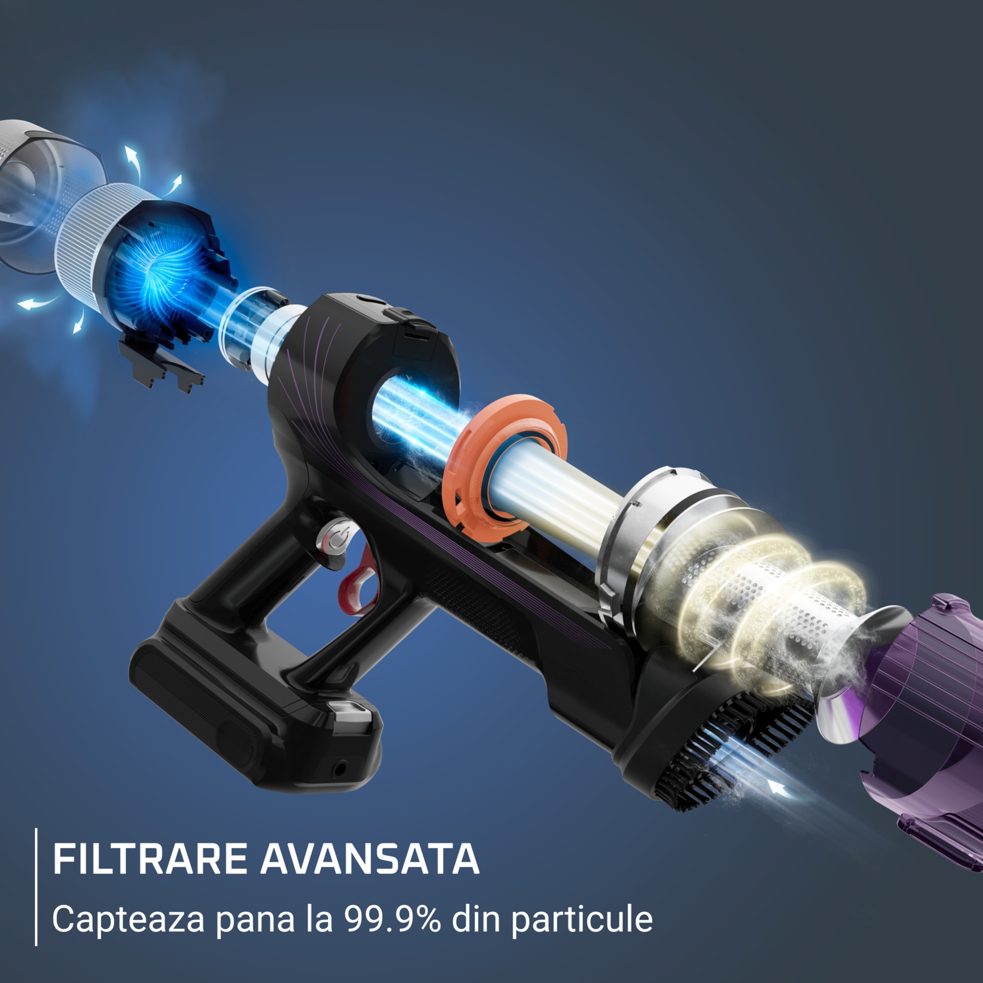 Aspirator vertical Rowenta X-Force Flex 9.60 Allergy RH2048WO, 250W, 100 air watts, 45 minute autonomie, iluminare LED, functie Boost, 3 trepte de putere, statie de incarcare, negru & violet