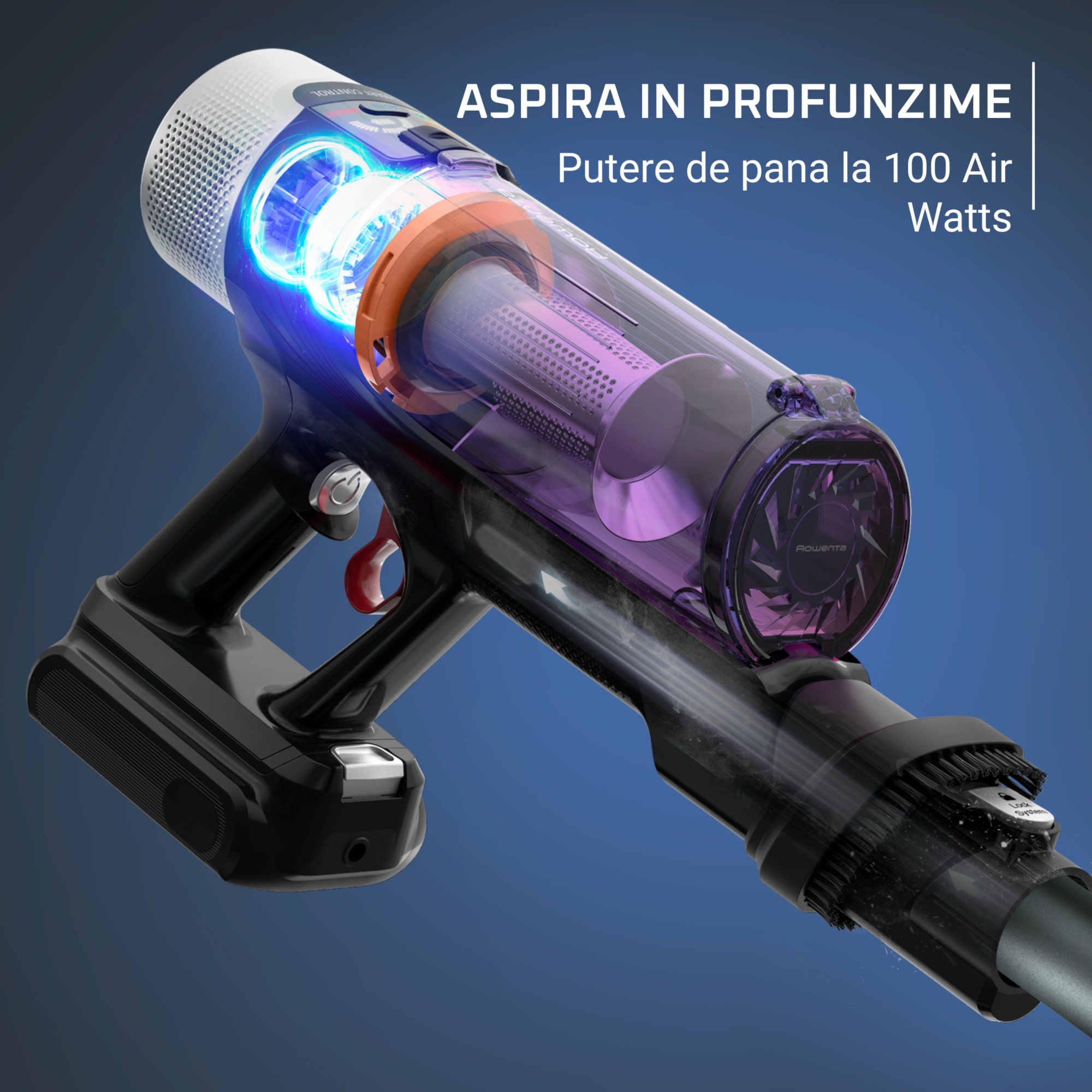 Aspirator vertical Rowenta X-Force Flex 9.60 Allergy RH2048WO, 250W, 100 air watts, 45 minute autonomie, iluminare LED, functie Boost, 3 trepte de putere, statie de incarcare, negru & violet