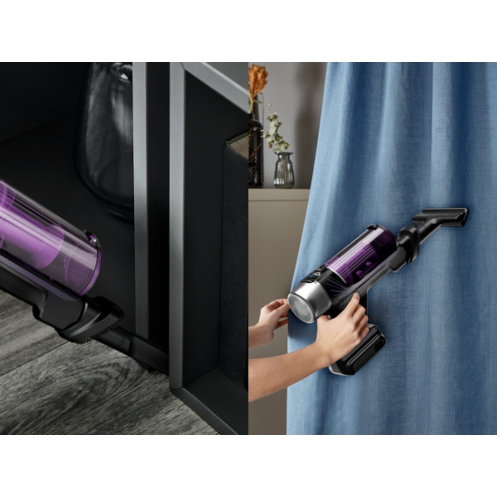 Aspirator vertical Rowenta X-Force Flex 9.60 Allergy RH2048WO, 250W, 100 air watts, 45 minute autonomie, iluminare LED, functie Boost, 3 trepte de putere, statie de incarcare, negru & violet