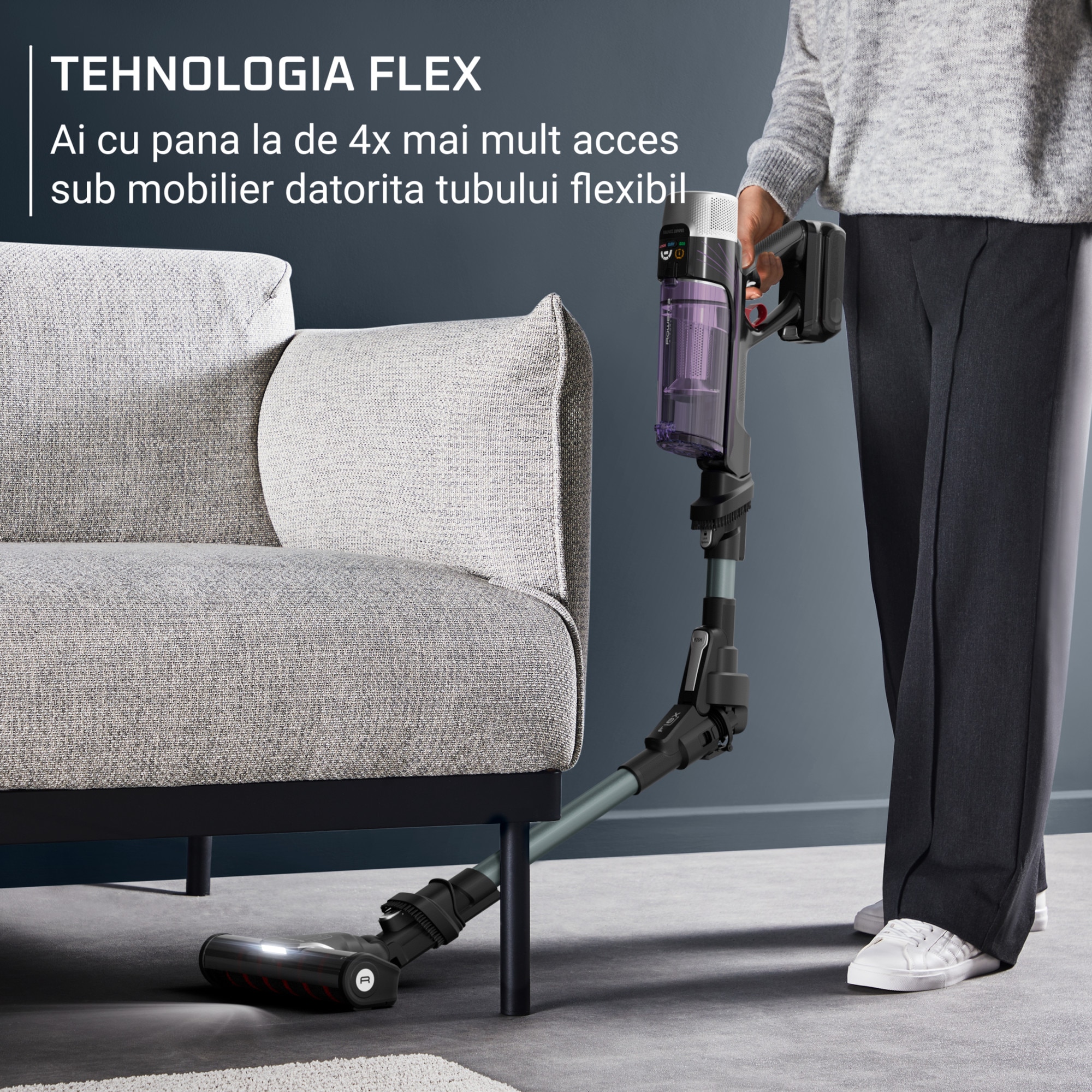 Aspirator vertical Rowenta X-Force Flex 9.60 Allergy RH2048WO, 250W, 100 air watts, 45 minute autonomie, iluminare LED, functie Boost, 3 trepte de putere, statie de incarcare, negru & violet