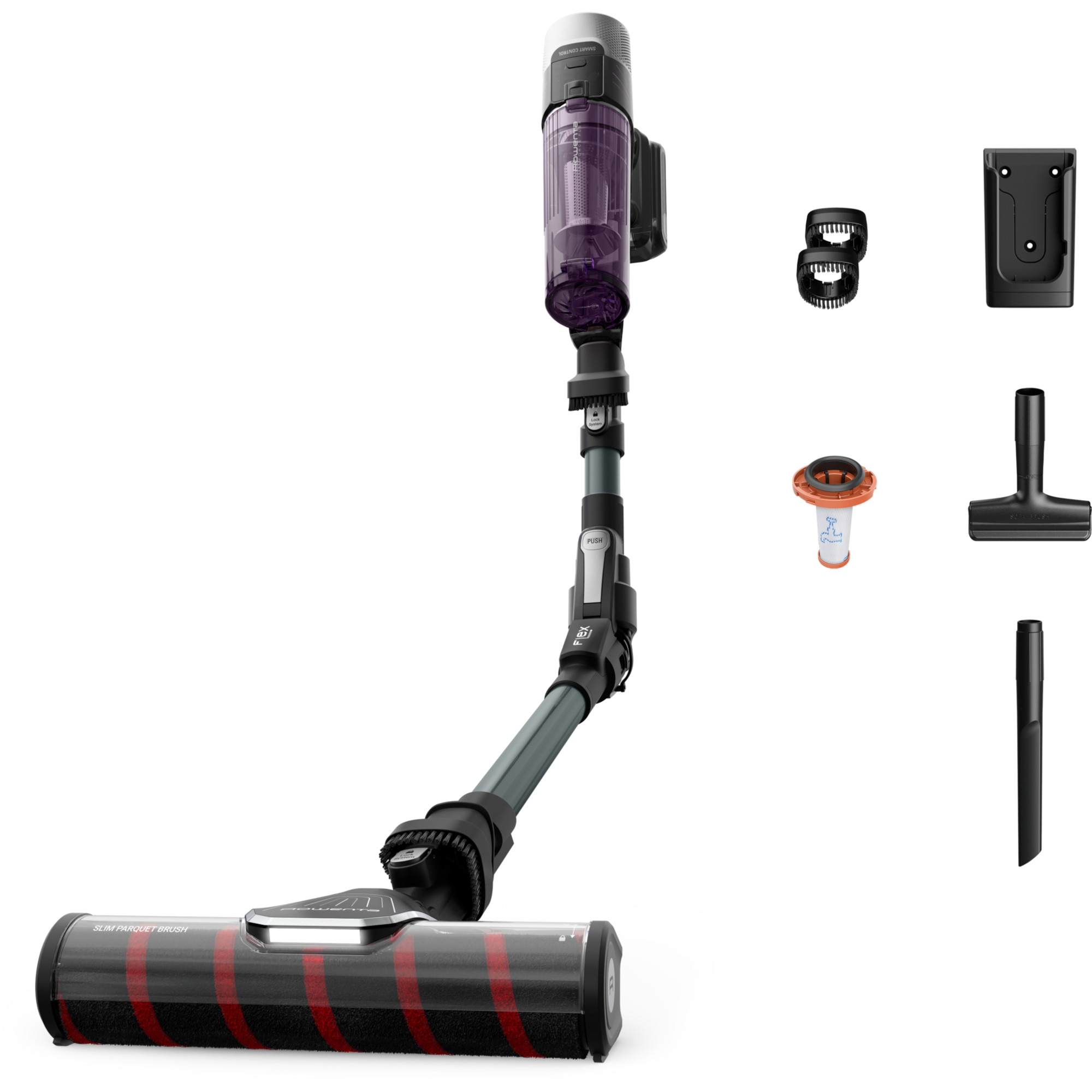 Aspirator vertical Rowenta X-Force Flex 9.60 Allergy RH2048WO, 250W, 100 air watts, 45 minute autonomie, iluminare LED, functie Boost, 3 trepte de putere, statie de incarcare, negru & violet