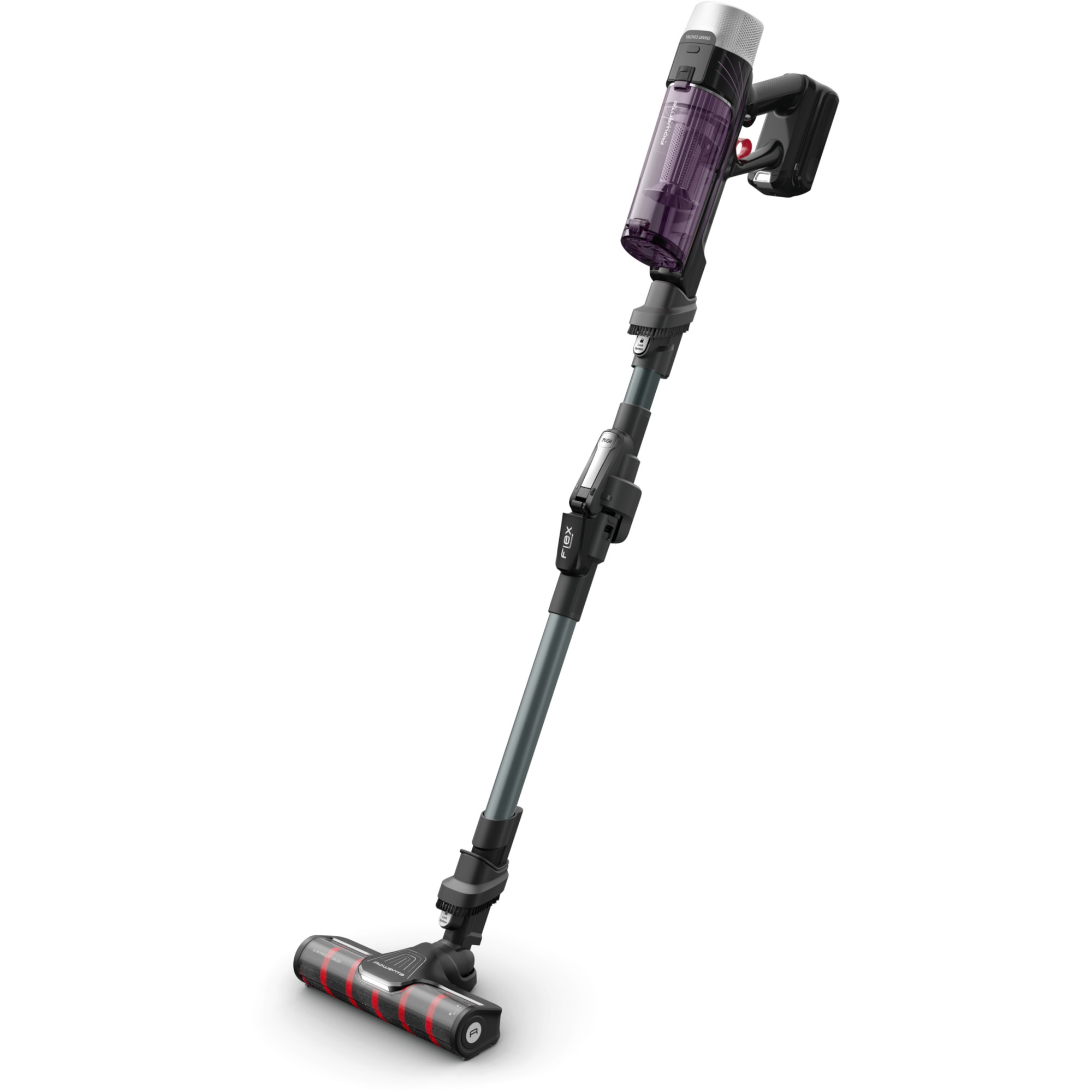 Aspirator vertical Rowenta X-Force Flex 9.60 Allergy RH2048WO, 250W, 100 air watts, 45 minute autonomie, iluminare LED, functie Boost, 3 trepte de putere, statie de incarcare, negru & violet