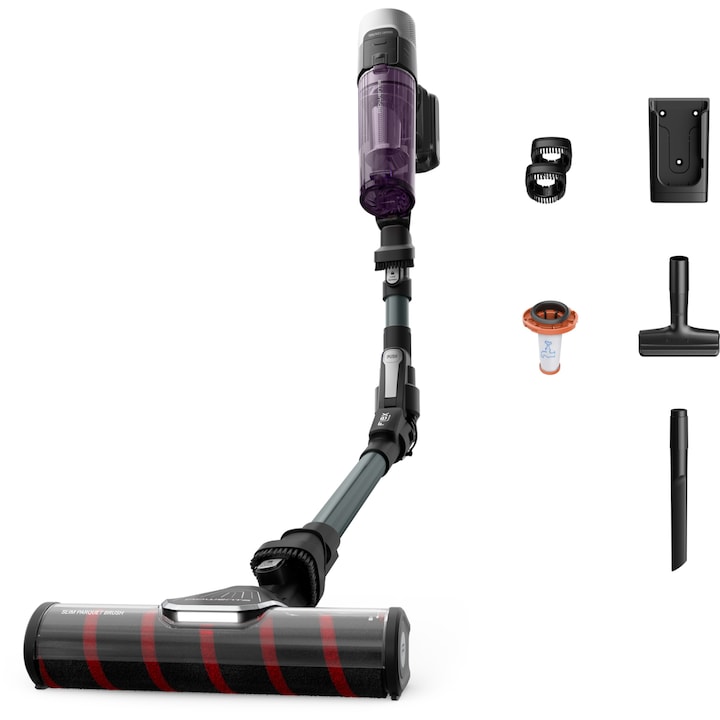 Aspirator vertical Rowenta X-Force Flex 9.60 Allergy RH2048WO, 250W, 100 air watts, 45 minute autonomie, iluminare LED, functie Boost, 3 trepte de putere, statie de incarcare, negru & violet