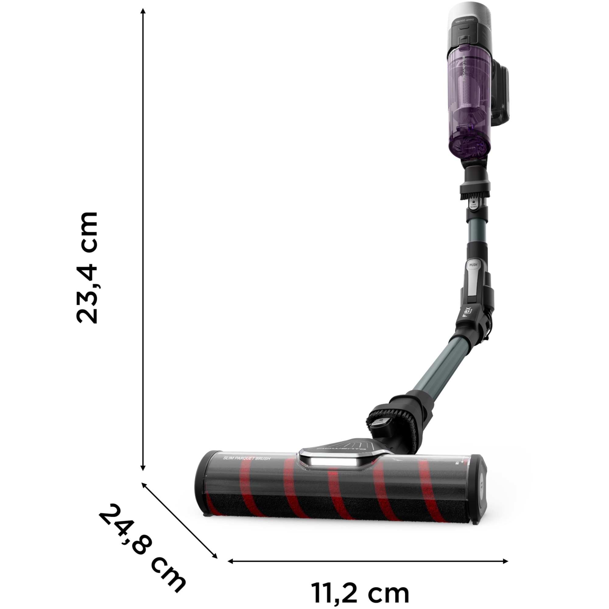 Aspirator vertical Rowenta X-Force Flex 9.60 Allergy RH2048WO, 250W, 100 air watts, 45 minute autonomie, iluminare LED, functie Boost, 3 trepte de putere, statie de incarcare, negru & violet