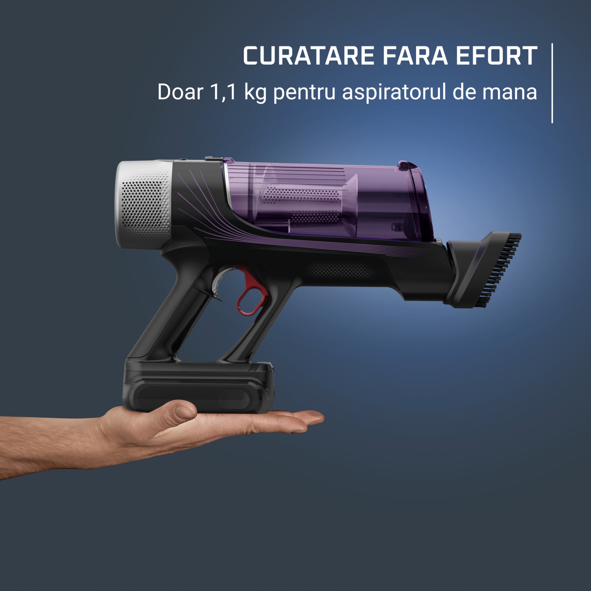 Aspirator vertical Rowenta X-Force Flex 9.60 Allergy RH2048WO, 250W, 100 air watts, 45 minute autonomie, iluminare LED, functie Boost, 3 trepte de putere, statie de incarcare, negru & violet