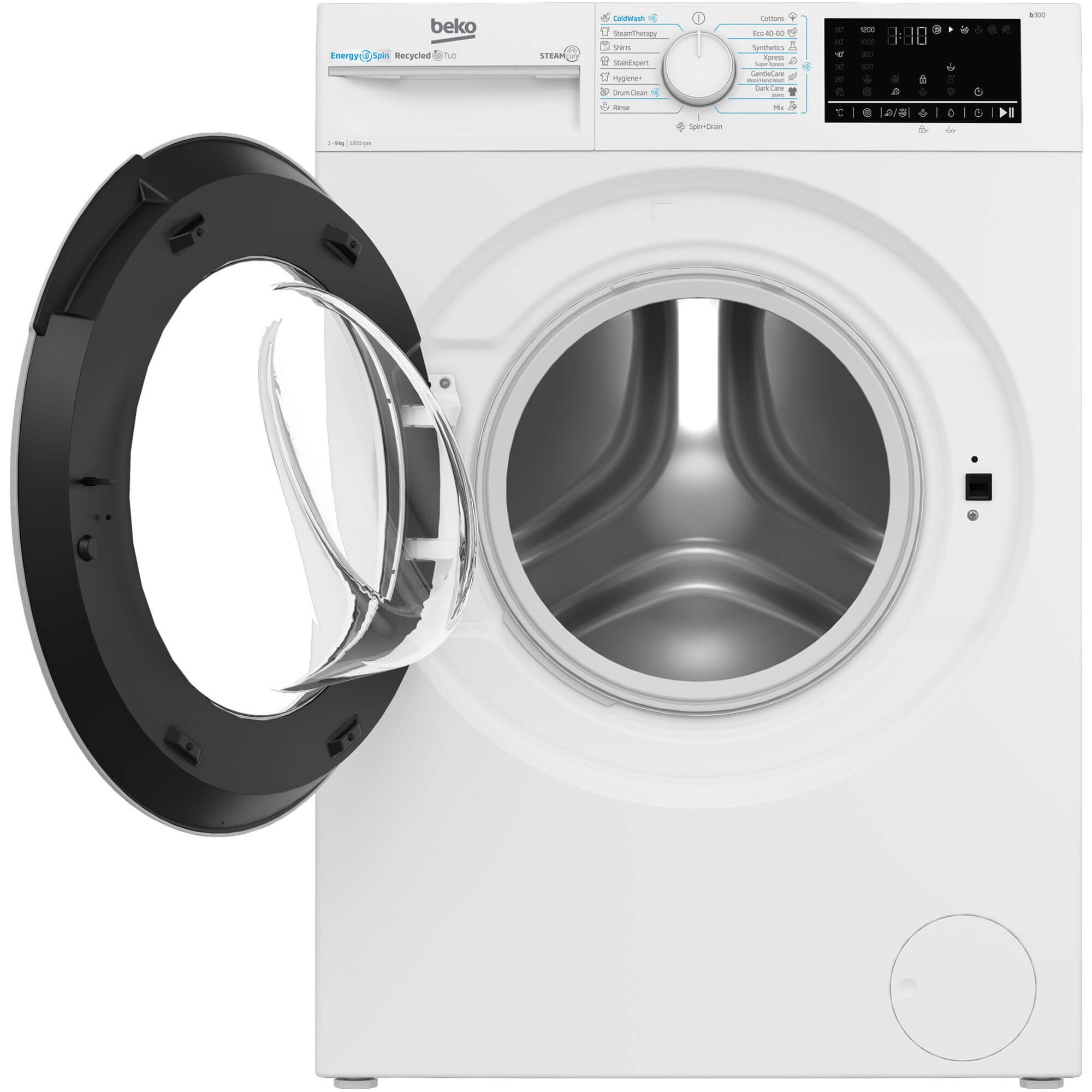 Masina de spalat rufe Beko B3WFU49215WW, 9 kg, 1200 RPM, Clasa A, Motor ProSmart Inverter, Recycled Tub, Hygiene+, SteamCure, AddXtra, Alb