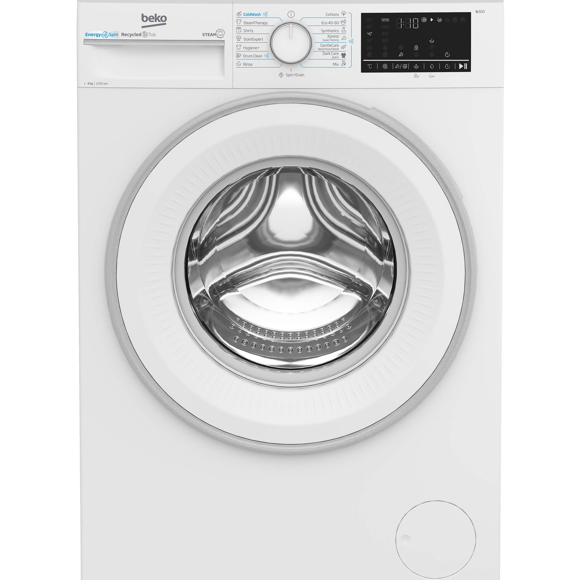 Masina de spalat rufe Beko B3WFU49215WW, 9 kg, 1200 RPM, Clasa A, Motor ProSmart Inverter, Recycled Tub, Hygiene+, SteamCure, AddXtra, Alb