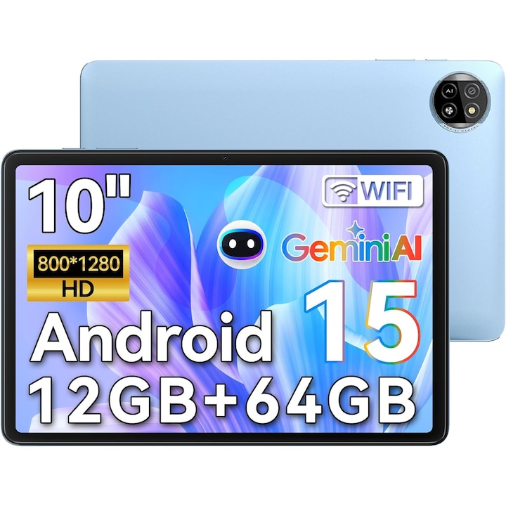 Tableta Blackview Tab 20 WiFi, 10.1 inch, 800x1280, 12GB Ram(4GB + 8GB extensibili 1TB), 64GB, Bluetooth 5.0, Android 15, 2.4G/5GHz, HD+/IPS, 60Hz, 6600mAh, Suport pozitionarea GPS, Albastru