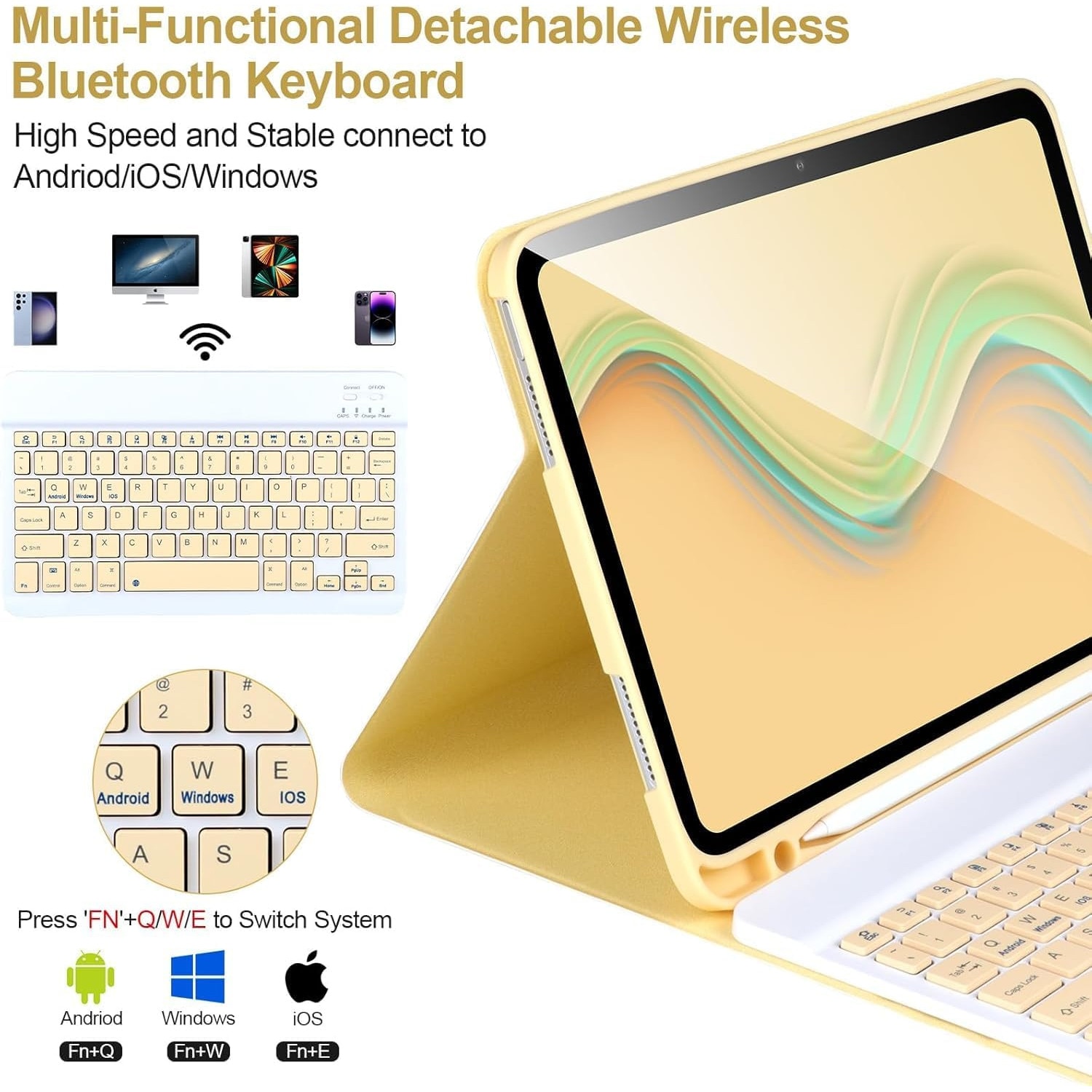 Husa cu tastatura wireless pentru tableta, compatibil cu iPad 11 (A16) 2025/10 2022, Tastatura magnetica detasabila, suport pentru creion, galben