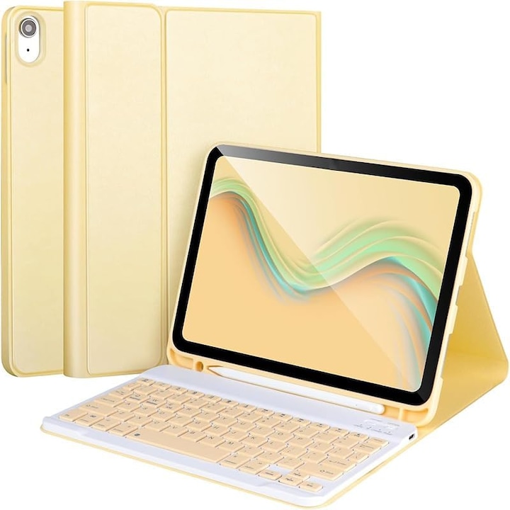 Husa cu tastatura wireless pentru tableta, compatibil cu iPad 11 (A16) 2025/10 2022, Tastatura magnetica detasabila, suport pentru creion, galben