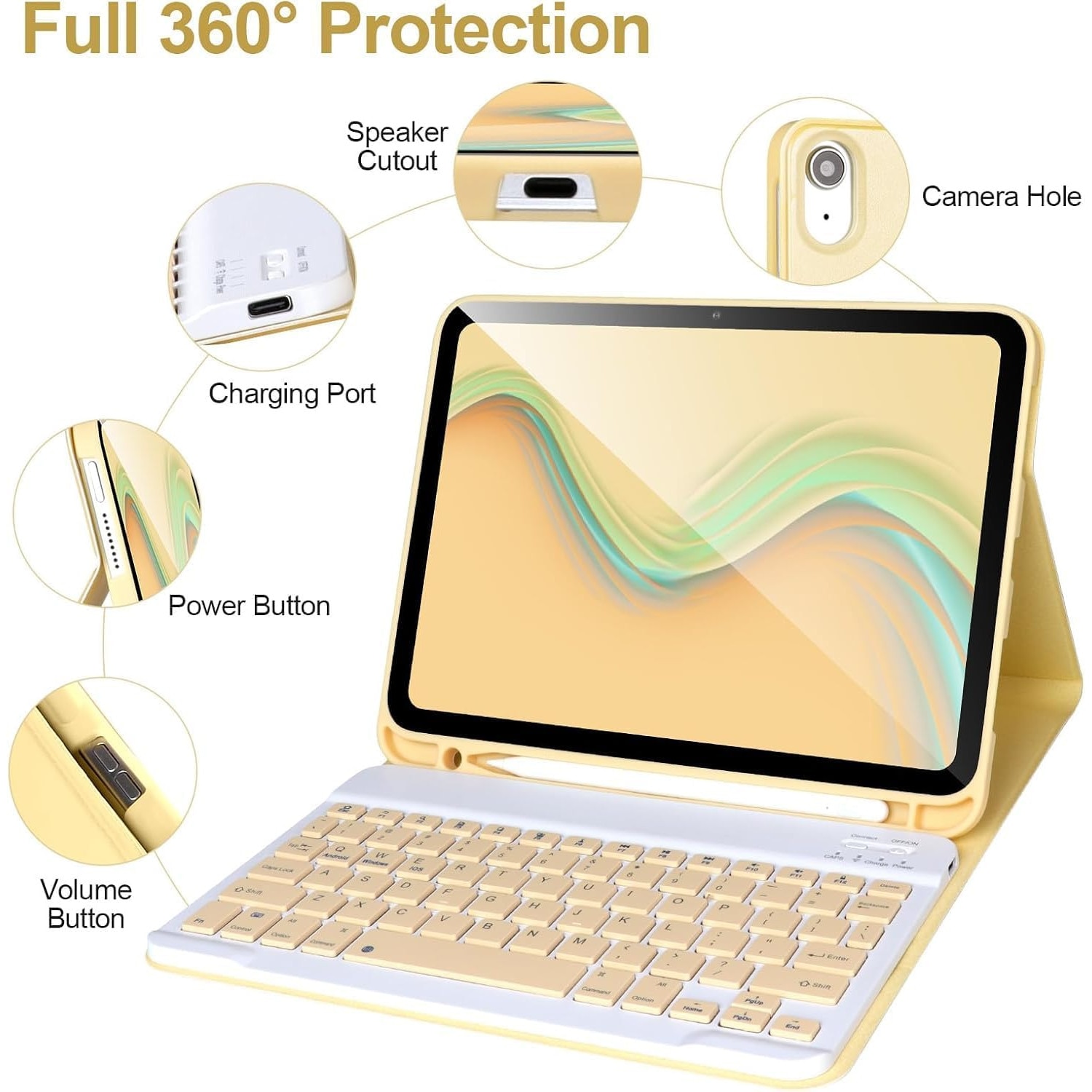 Husa cu tastatura wireless pentru tableta, compatibil cu iPad 11 (A16) 2025/10 2022, Tastatura magnetica detasabila, suport pentru creion, galben