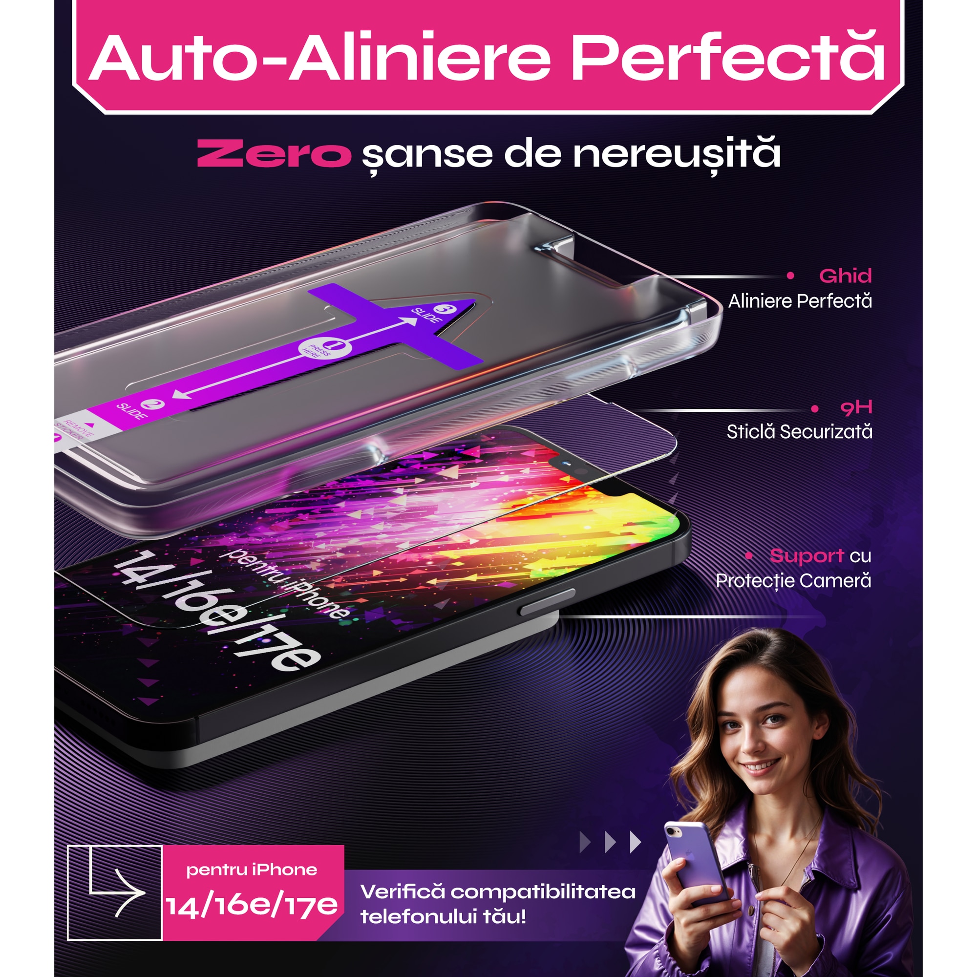 Set 2 Folii sticla compatibil cu iPhone 14 / 16e, DefenSlim, instalare usoara si rapida cu dispozitiv de potrivire automata in 30 sec cu Easy Install Kit patentat, protectie telefon