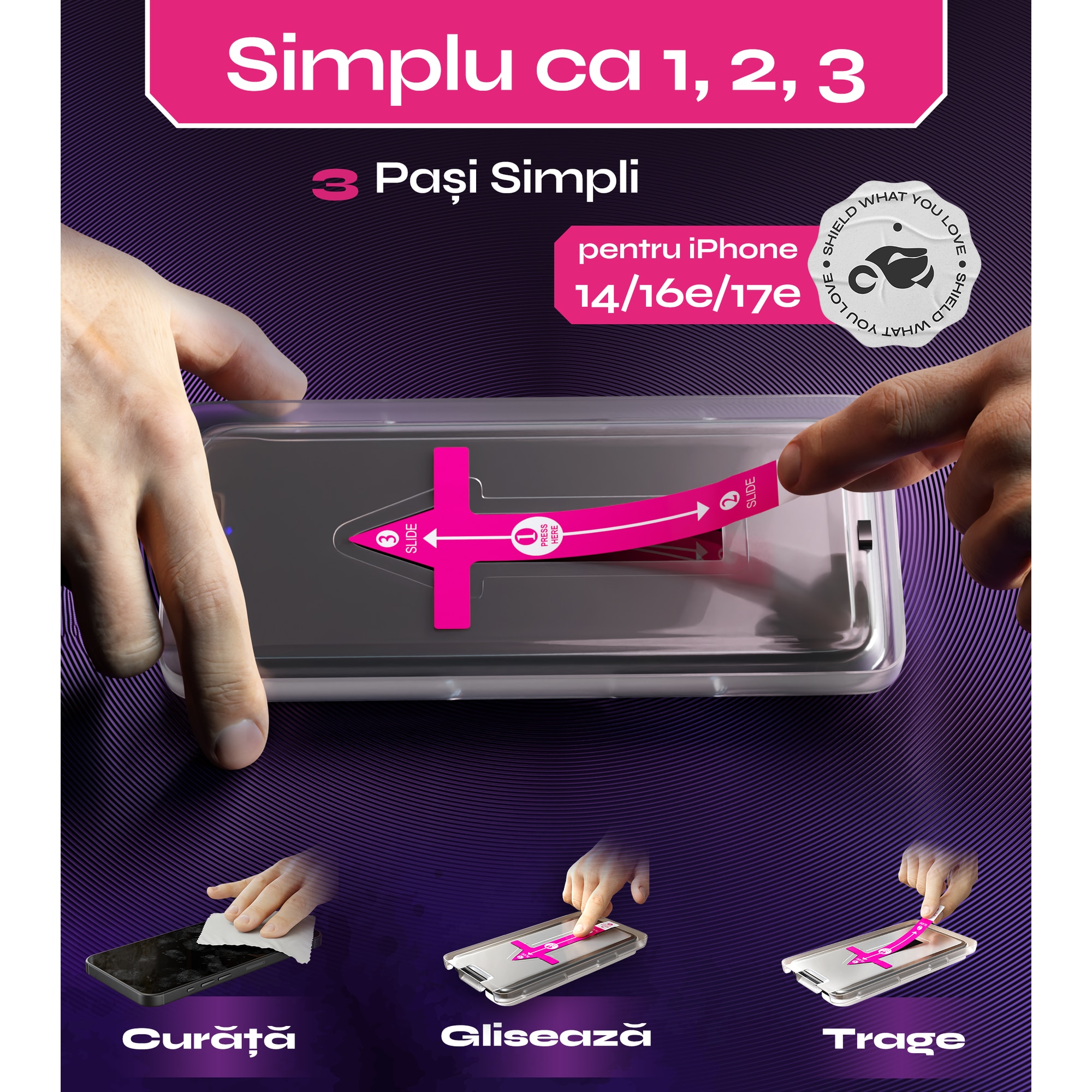 Set 2 Folii sticla compatibil cu iPhone 14 / 16e, DefenSlim, instalare usoara si rapida cu dispozitiv de potrivire automata in 30 sec cu Easy Install Kit patentat, protectie telefon