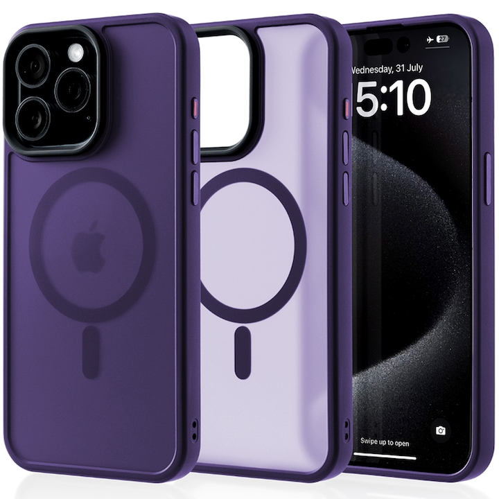 Husa compatibila cu Incarcare Magsafe pentru Apple iPhone 15 Pro Max, CASEY STUDIOS™, de Protectie, Slim, pentru Incarcare Wireless, Margini Ridicate pentru Protectia Ecranului si a Camerelor, Mov Inchis