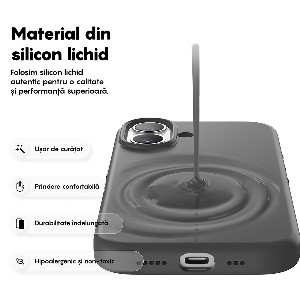 Husa CASEY STUDIOS™ pentru Apple iPhone 17, Soft Silicone Premium, Microfibra in Interior, de Protectie, Ultra Slim, pentru Incarcare Wireless, Margini Ridicate pentru Protectia Ecranului si a Camerelor, Gri inchis