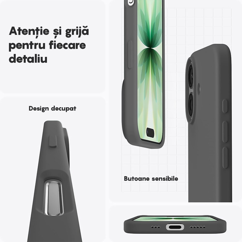 Husa CASEY STUDIOS™ pentru Apple iPhone 17, Soft Silicone Premium, Microfibra in Interior, de Protectie, Ultra Slim, pentru Incarcare Wireless, Margini Ridicate pentru Protectia Ecranului si a Camerelor, Gri inchis