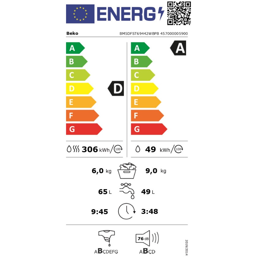 Mașină de spălat rufe cu uscător Beko BM5DFST69442WBPB, 9/6 kg, 1400 RPM, Alb