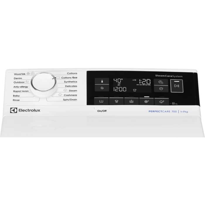 Masina de spalat rufe cu incarcare verticala Electrolux EW7T3272 PerfectCare 700, 7 kg, 1200 RPM, Clasa F, SteamCare, SoftOpening, Display LCD, Alb