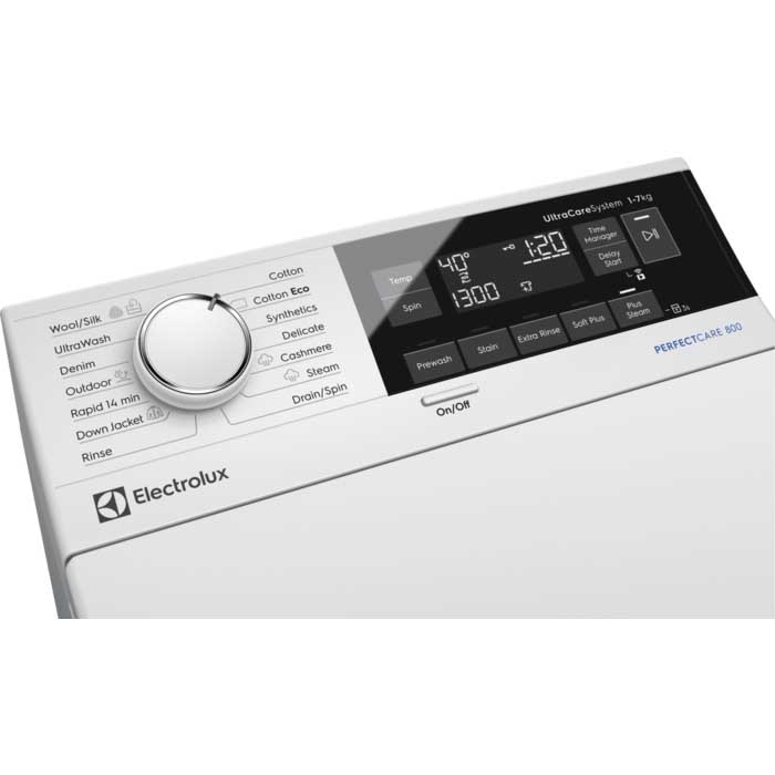 Masina de spalat rufe cu incarcare verticala Electrolux EW7T3272 PerfectCare 700, 7 kg, 1200 RPM, Clasa F, SteamCare, SoftOpening, Display LCD, Alb