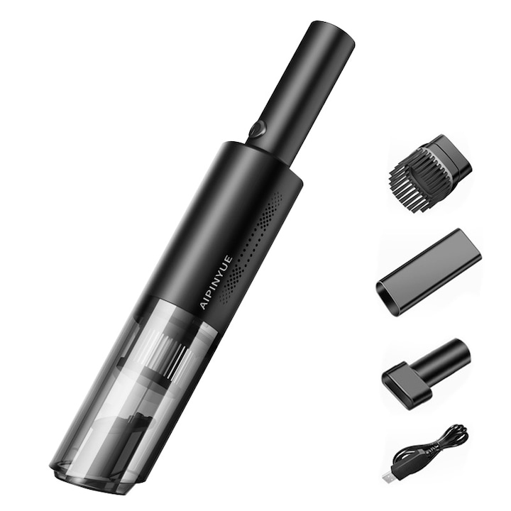 Aspirator de mana, Wireless, 6000PA, 120W, filtru lavabil, negru, 18 minute de aspirare la viteza maxima, set cu geanta de transport, 35.5x10.5x12.5cm