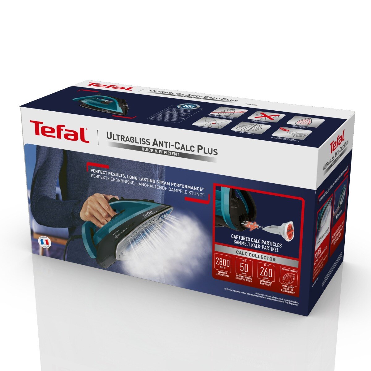 Fier de calcat cu abur UltraGliss Plus FV6832E0, 2800 W, mod Eco, talpa rezistenta la zgarieturi, setare anticalcar, albastru si negru