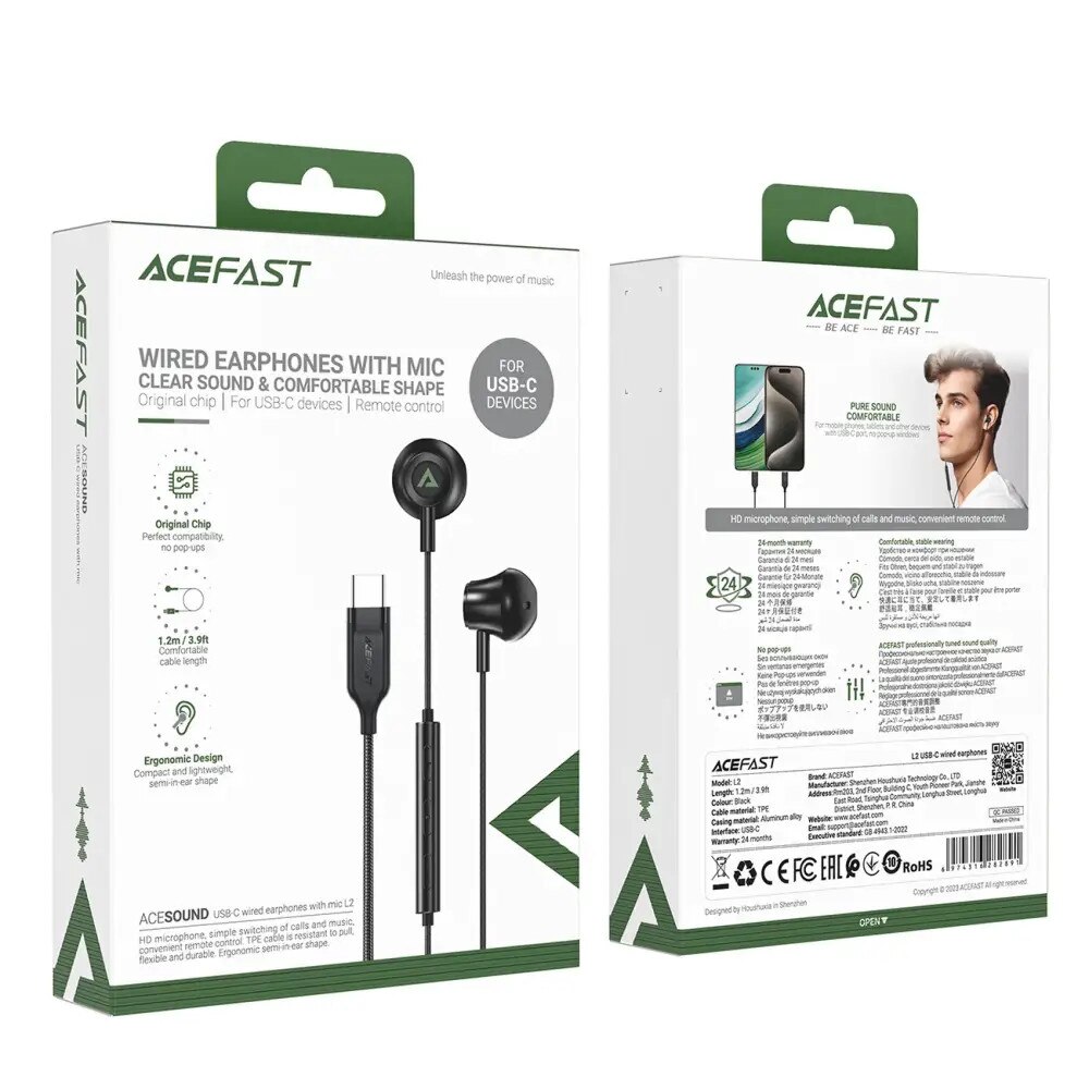 Casti Acefast L2, USB-C, 1,2 m, negru