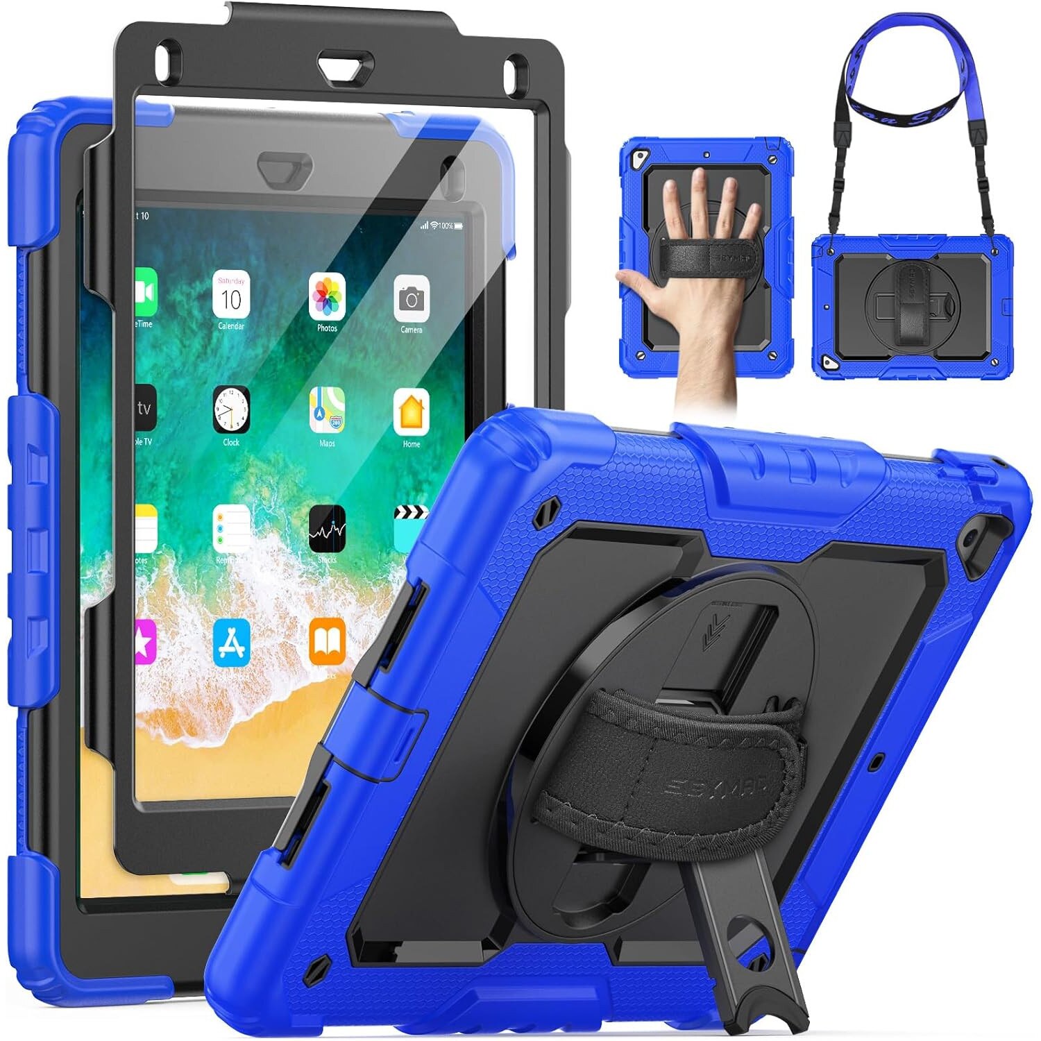 Pachet 360 pentru iPad 9.7" (iPad Air 2, iPad 5/6, iPad Pro 9.7) – Husa Shockproof Armor cu folie inclusa, curea de umar si suport rotativ, Albastru