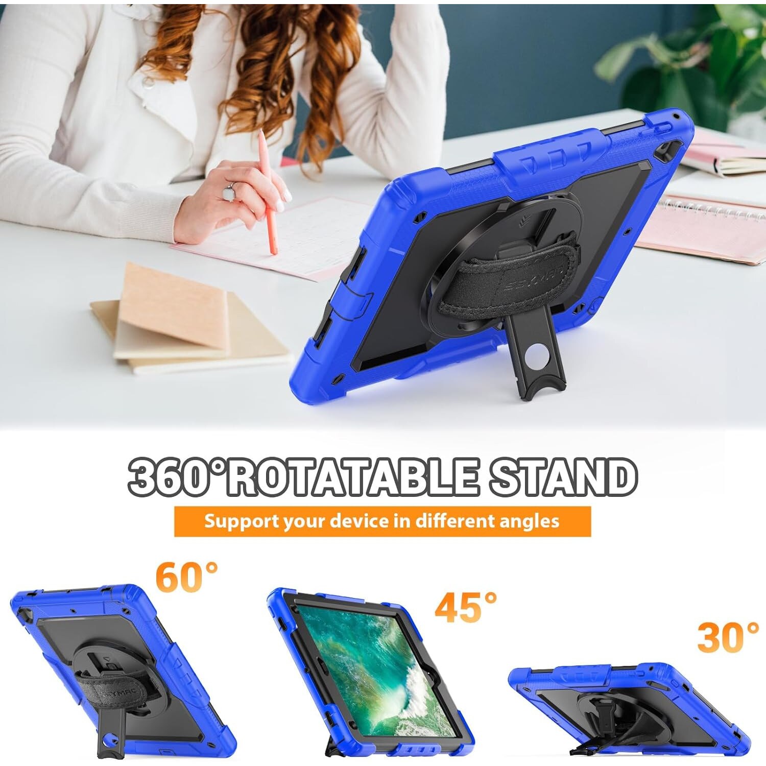 Pachet 360 pentru iPad 9.7" (iPad Air 2, iPad 5/6, iPad Pro 9.7) – Husa Shockproof Armor cu folie inclusa, curea de umar si suport rotativ, Albastru