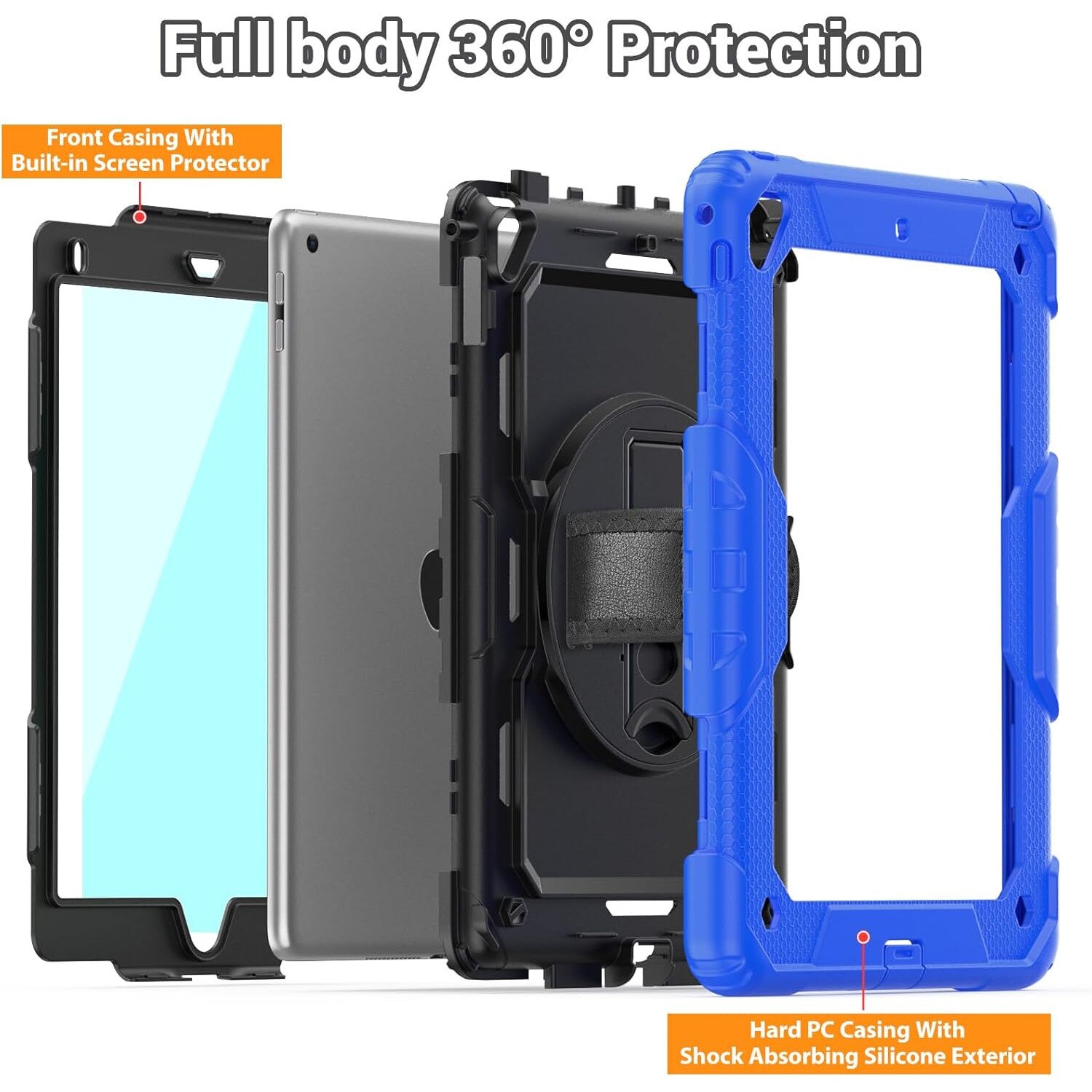 Pachet 360 pentru iPad 9.7" (iPad Air 2, iPad 5/6, iPad Pro 9.7) – Husa Shockproof Armor cu folie inclusa, curea de umar si suport rotativ, Albastru