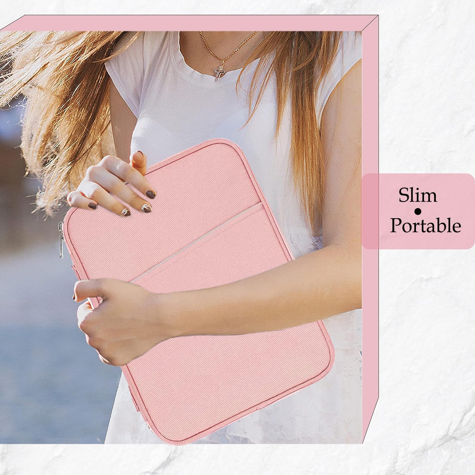 Husa de protectie si transport pentru tableta si dispozitive pana la 11″, impermeabila, cu interior moale, din poliester, 30×23.5×2.5 cm, cu laveta din piele de caprioara cadou, roz