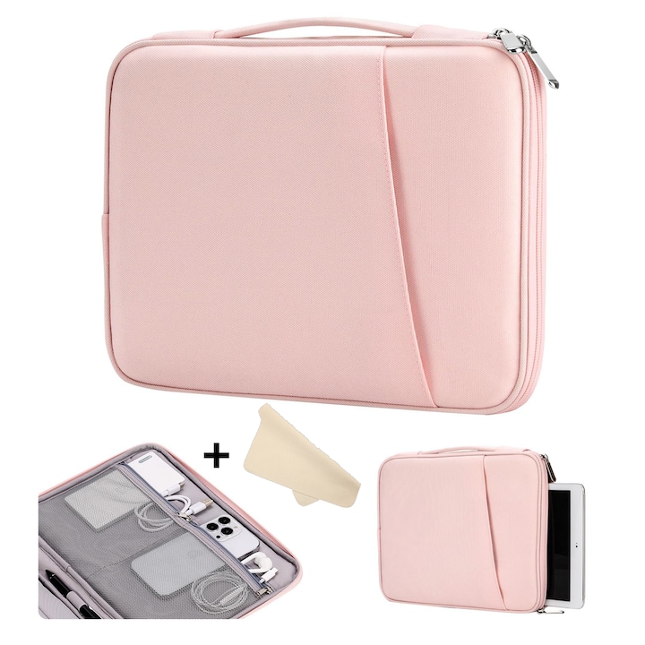 Husa de protectie si transport pentru tableta si dispozitive pana la 11″, impermeabila, cu interior moale, din poliester, 30×23.5×2.5 cm, cu laveta din piele de caprioara cadou, roz