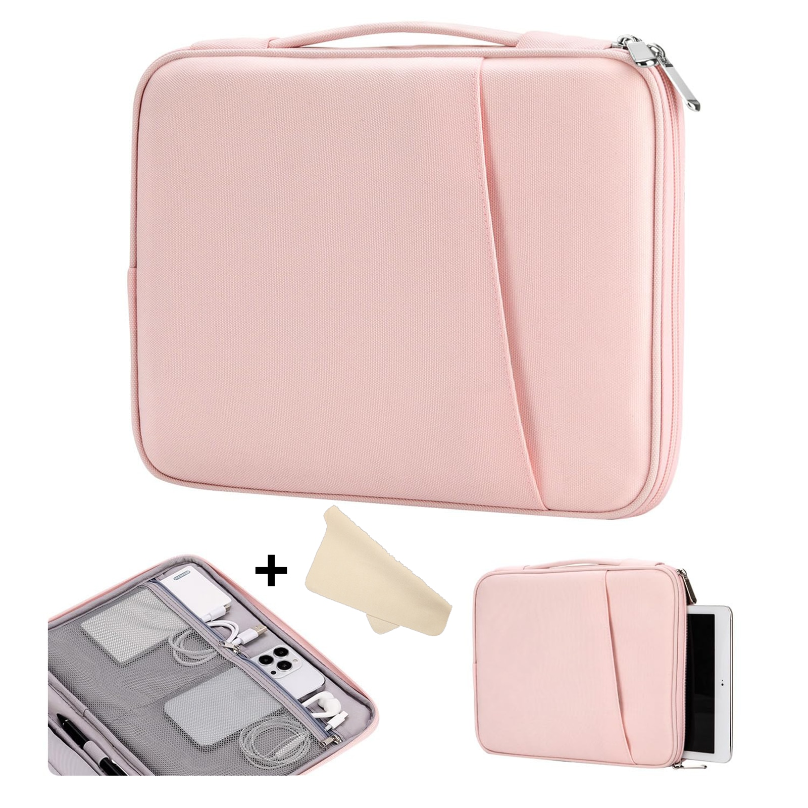 Husa de protectie si transport pentru tableta si dispozitive pana la 11″, impermeabila, cu interior moale, din poliester, 30×23.5×2.5 cm, cu laveta din piele de caprioara cadou, roz