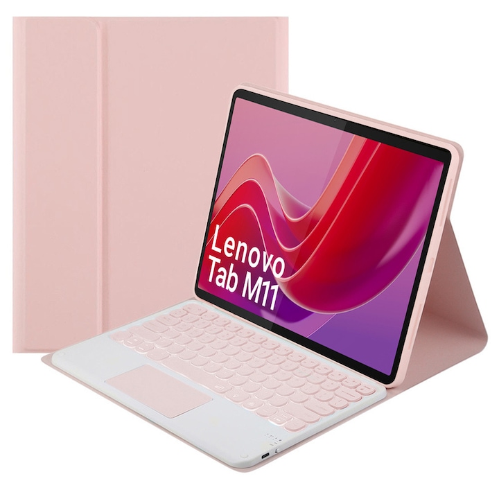 Husa cu tastatura Bluetooth si touchpad, pentru tableta Lenovo Tab M11, roz