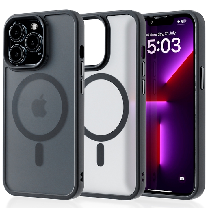 Husa compatibila cu Incarcare Magsafe pentru Apple iPhone 13 Pro, CASEY STUDIOS™, de Protectie, Slim, pentru Incarcare Wireless, Margini Ridicate pentru Protectia Ecranului si a Camerelor, Negru