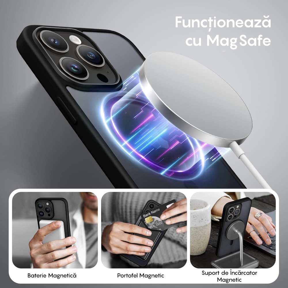 Husa compatibila cu Incarcare Magsafe pentru Apple iPhone 13 Pro, CASEY STUDIOS™, de Protectie, Slim, pentru Incarcare Wireless, Margini Ridicate pentru Protectia Ecranului si a Camerelor, Negru