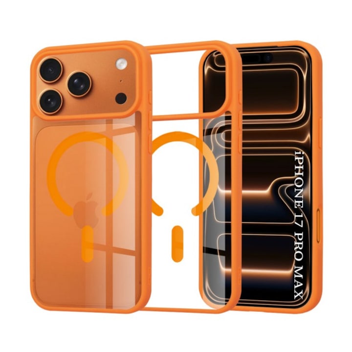 Husa Upzz® Magsafe Compatibila Cu iPhone 17 Pro, Spate Transparent, Rama Orange