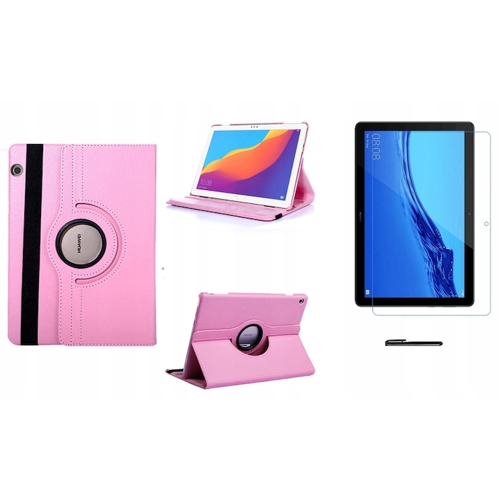 Set husa tableta/folie de protectie/stylus, Piele ecologica, Compatibil cu Huawei MediaPad T5 10, Roz