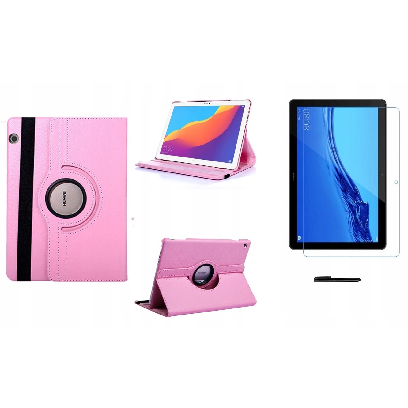 Set husa tableta/folie de protectie/stylus, Piele ecologica, Compatibil cu Huawei MediaPad T5 10, Roz