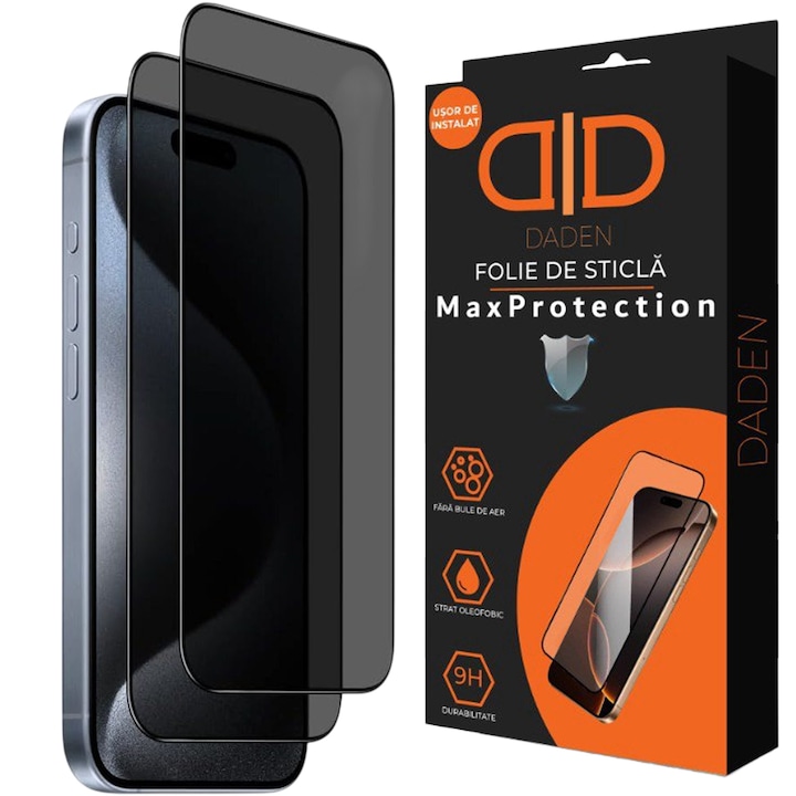 Pachet 2 buc Folie Sticla Privacy pentru iPhone 17/16 Pro Daden MaxProtection, Full Cover, Protectie Profesionala, Ultra Rezistenta, Calitate Premium, Margini negre