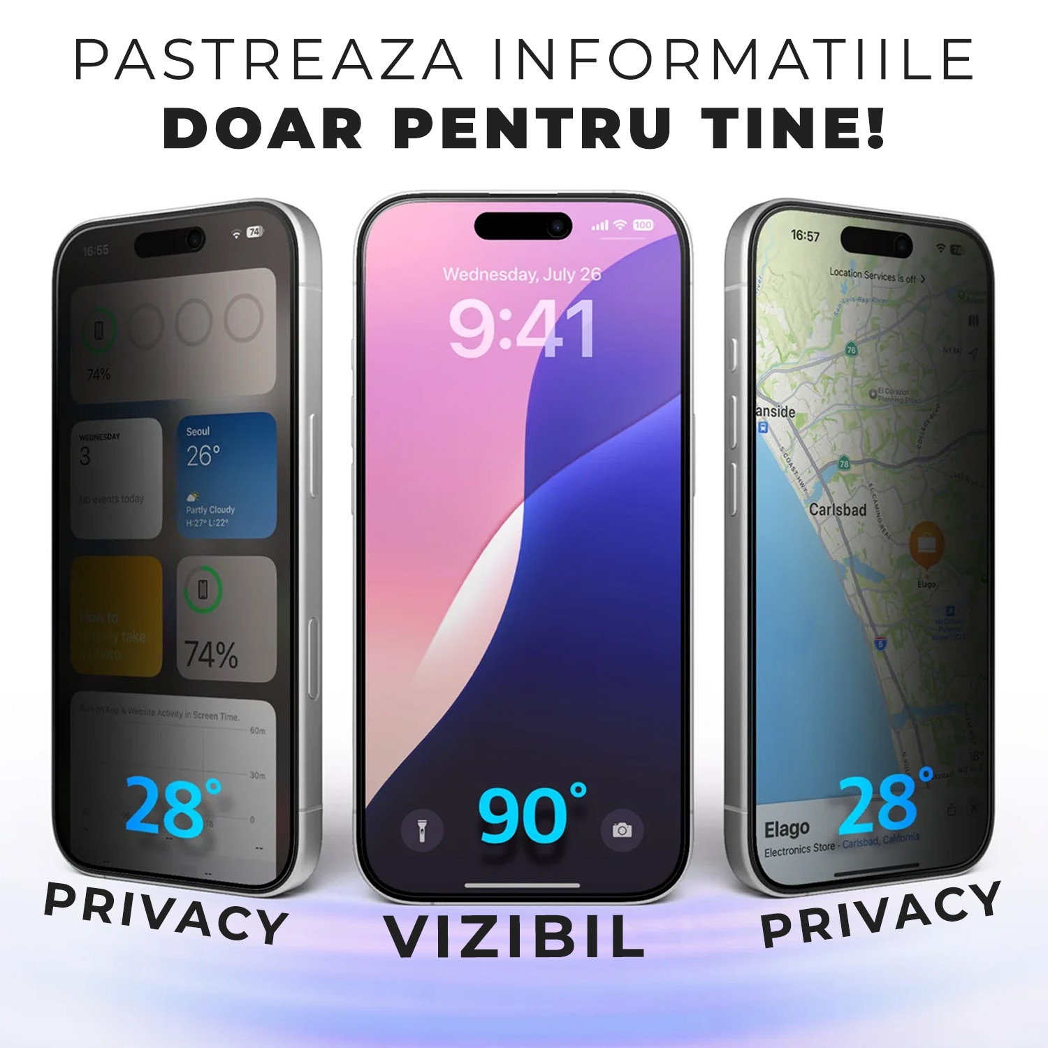 Pachet 2 buc Folie Sticla Privacy pentru iPhone 17/16 Pro Daden MaxProtection, Full Cover, Protectie Profesionala, Ultra Rezistenta, Calitate Premium, Margini negre