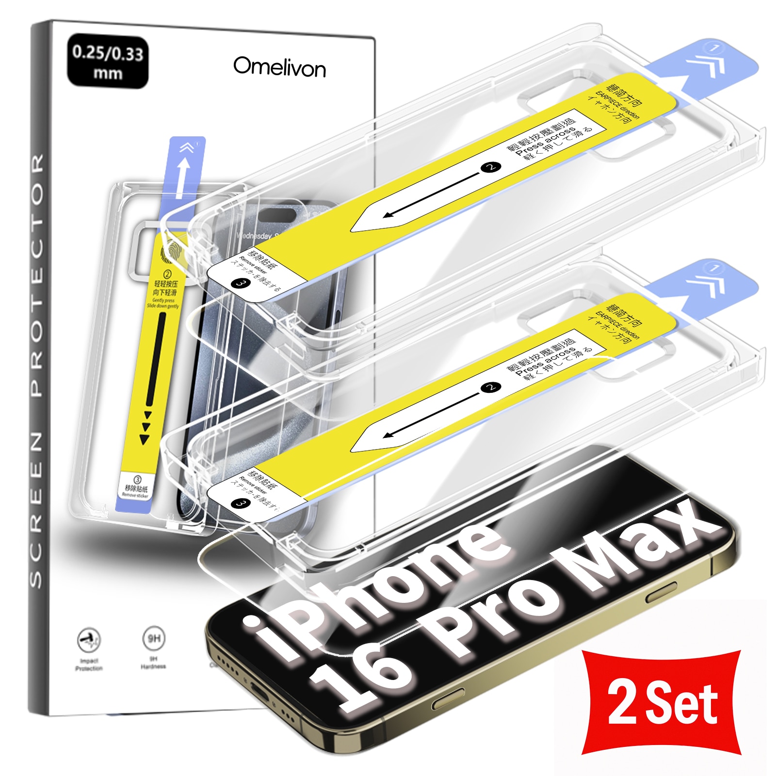 Set 2 Folii de Protectie Omelivon pentru iPhone 16 Pro Max, Sticla Temperata, Transparent, 0.33mm