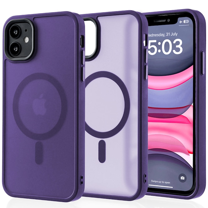 Husa compatibila cu Incarcare Magsafe compatibila cu iPhone 11, CASEY STUDIOS™, de Protectie, Slim, pentru Incarcare Wireless, Margini Ridicate de Protectia Ecranului si a Camerelor, Mov Inchis