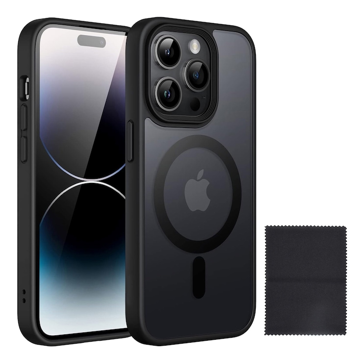 Husa De Protectie Pentru Iphone 14 pro, Zggzerg, Magnetica, Cu carpa de curatare, Design slim, Cu decupaje camere, Margini ridicate, Anti-fall, Schockproof, Waterproof, Pentru incarcare wireless, TPU+PC, Negru