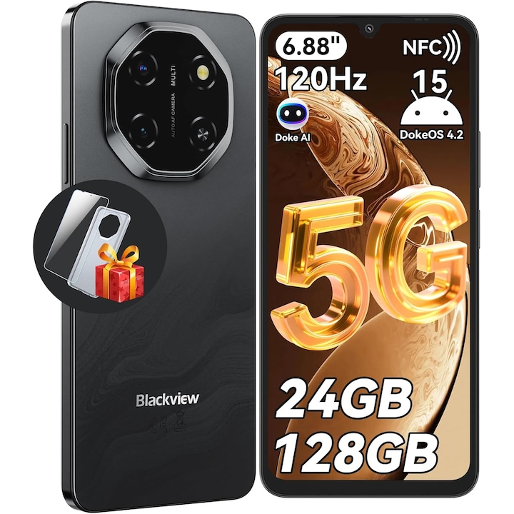 Telefon mobil Blackview Shark 6, 5G, 6.88", 120Hz, 24GB+128GB/2TB, Android 15Telefon mobil 16MP+8MP, AI Camera, 5000mAh/18W Telefoane inteligente, Fingerprint/Eye Comfort Celulares GPS/OTG/NFC, Negru