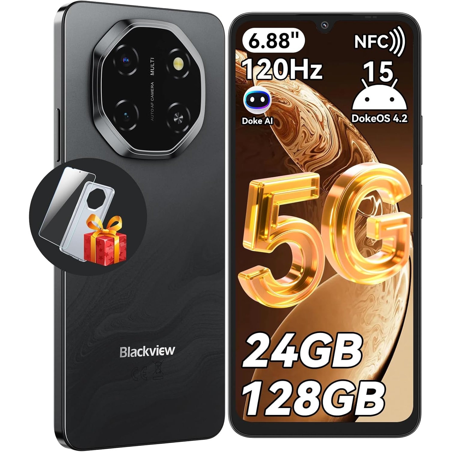 Telefon mobil Blackview Shark 6, 5G, 6.88", 120Hz, 24GB+128GB/2TB, Android 15Telefon mobil 16MP+8MP, AI Camera, 5000mAh/18W Telefoane inteligente, Fingerprint/Eye Comfort Celulares GPS/OTG/NFC, Negru