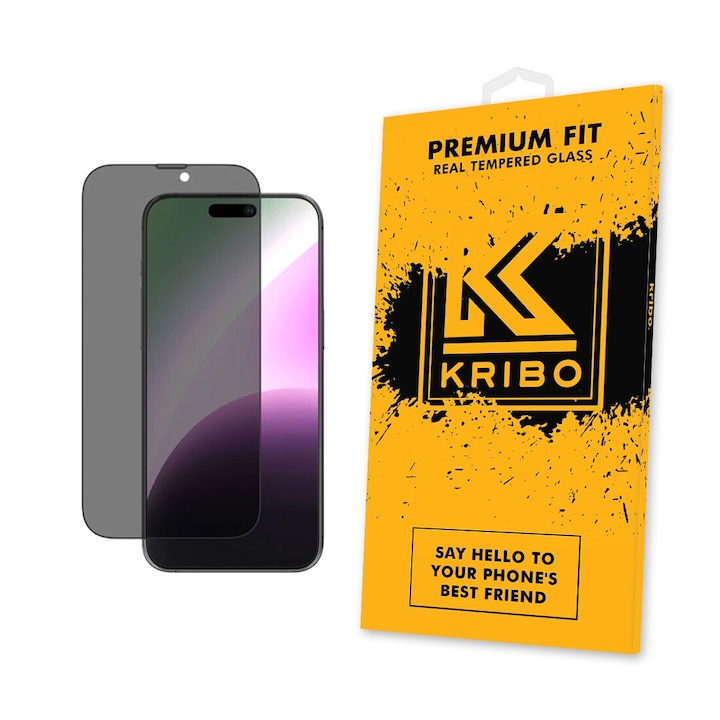 Folie Sticla pentru iPhone 15 Pro Max, Kribo Privacy Premium Fit, cu filtru anti-praf, HD, 9H, Protectie Ecran Premium, Full Cover, Full Glue