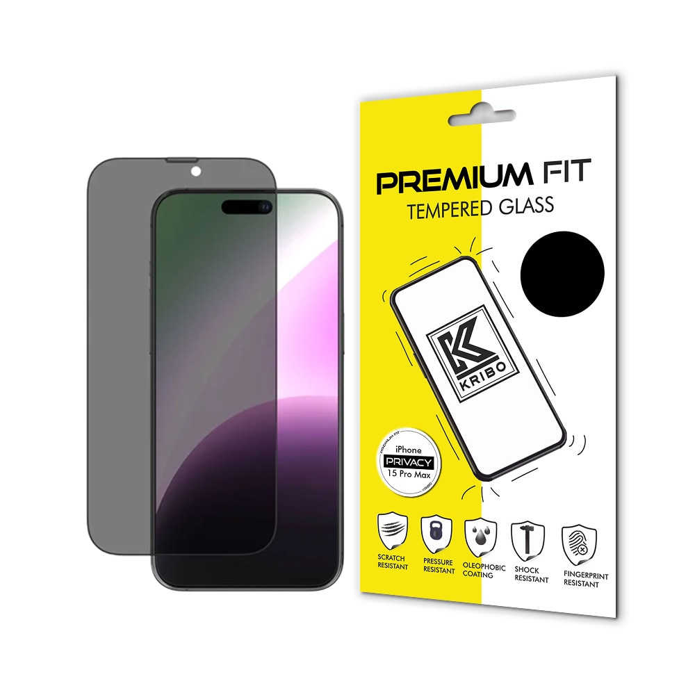 Folie Sticla pentru iPhone 15 Pro Max, Kribo Privacy Premium Fit, cu filtru anti-praf, HD, 9H, Protectie Ecran Premium, Full Cover, Full Glue