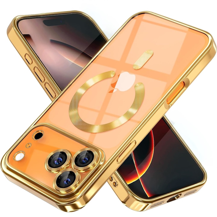 Husa pentru iPhone 17 Pro Max DaDen MagSafe Luxury, Antisoc, Protectie Camera, Margini Metalizate, Transparenta cu Margini Aurii
