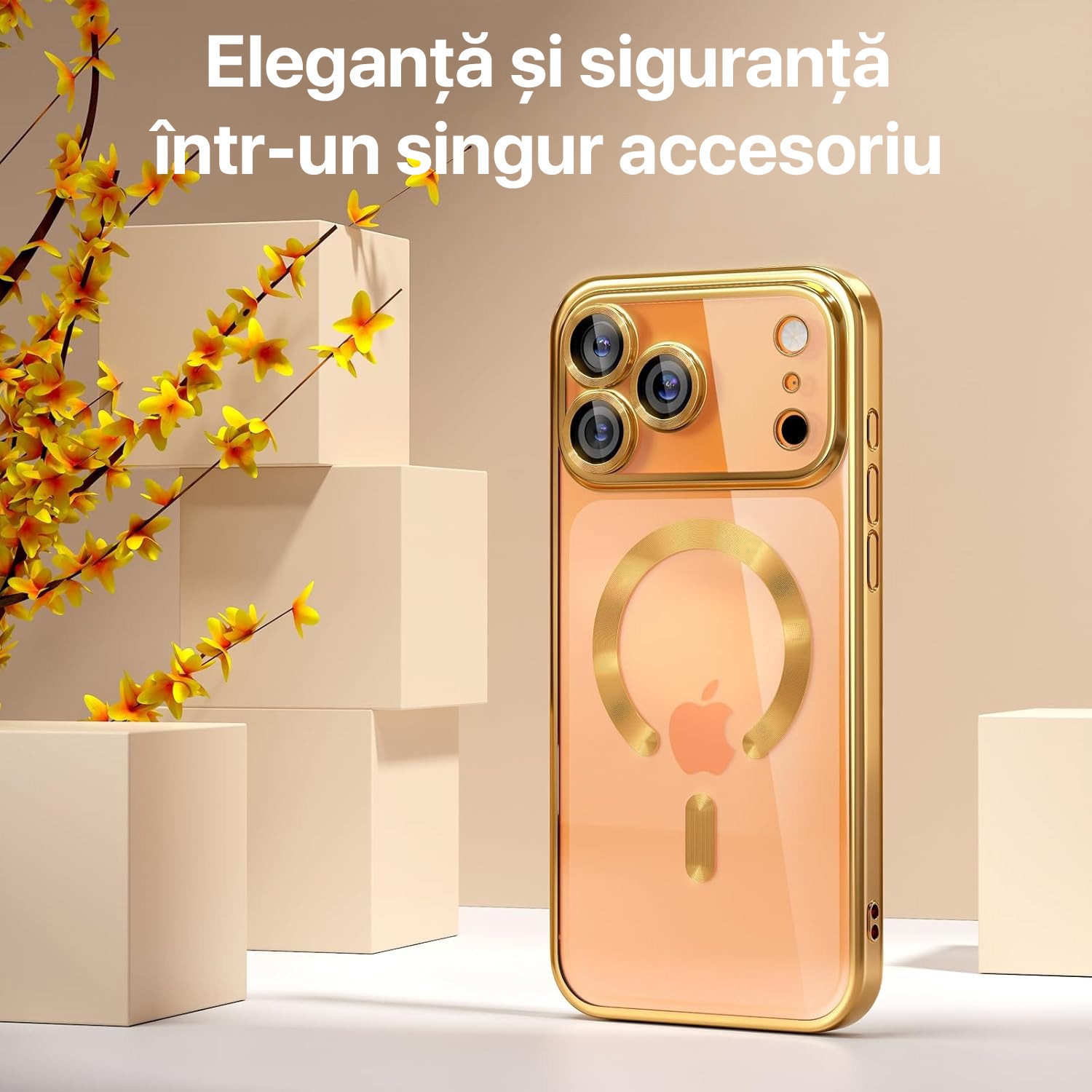 Husa pentru iPhone 17 Pro Max DaDen MagSafe Luxury, Antisoc, Protectie Camera, Margini Metalizate, Transparenta cu Margini Aurii